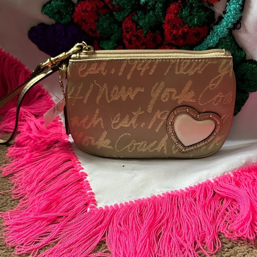 Coach New York 1941 Script Lurex Heart Wristlet in a tan/gold NWT